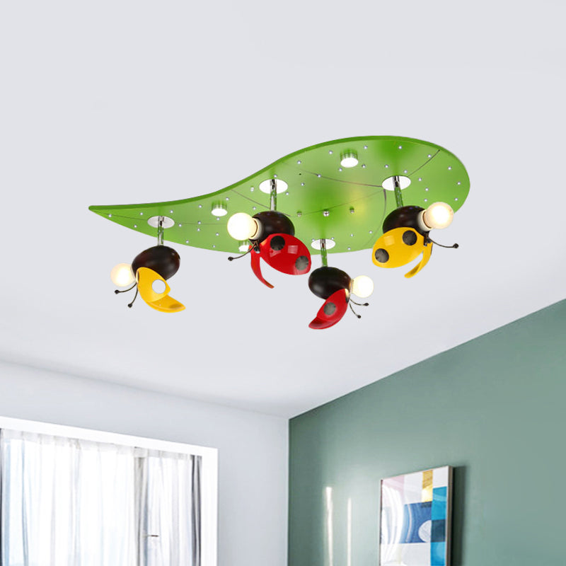 Green Ladybug Rest On Leaf Ceiling Light - Kid Iron 4-Bulb Bedroom Semi Flush Mount