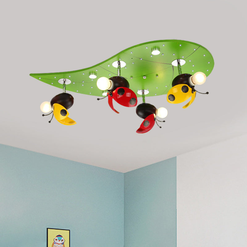 Green Ladybug Rest On Leaf Ceiling Light - Kid Iron 4-Bulb Bedroom Semi Flush Mount