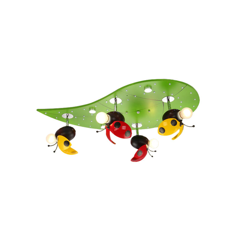 Green Ladybug Rest On Leaf Ceiling Light - Kid Iron 4-Bulb Bedroom Semi Flush Mount