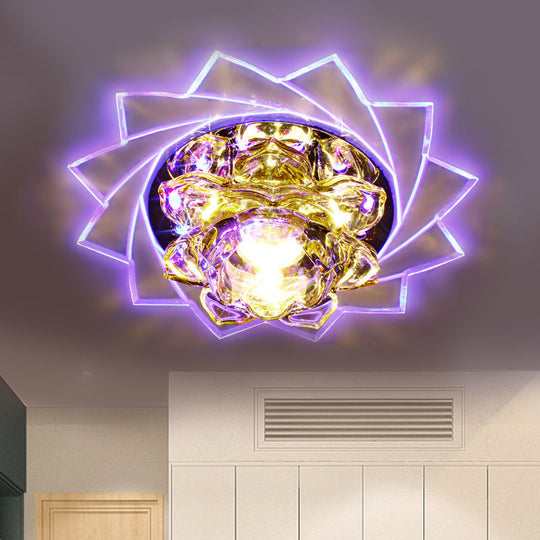 Minimalist LED K9 Crystal Ceiling Light with Yellow Lotus Design and Purple/Blue Glow for Bedrooms