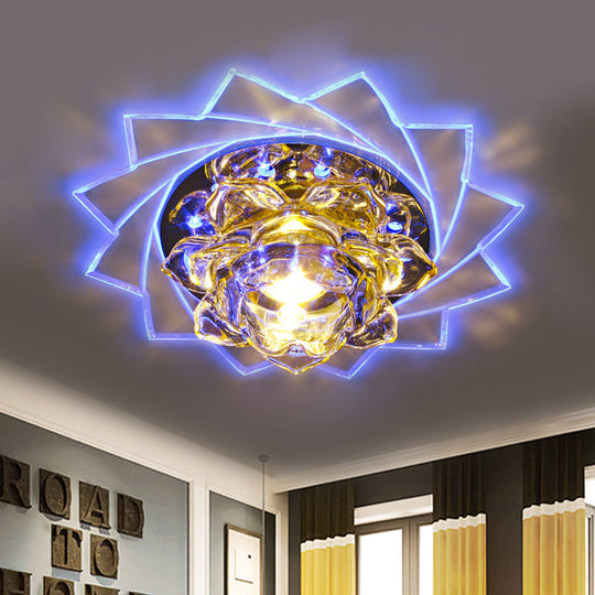 Minimalist LED K9 Crystal Ceiling Light with Yellow Lotus Design and Purple/Blue Glow for Bedrooms