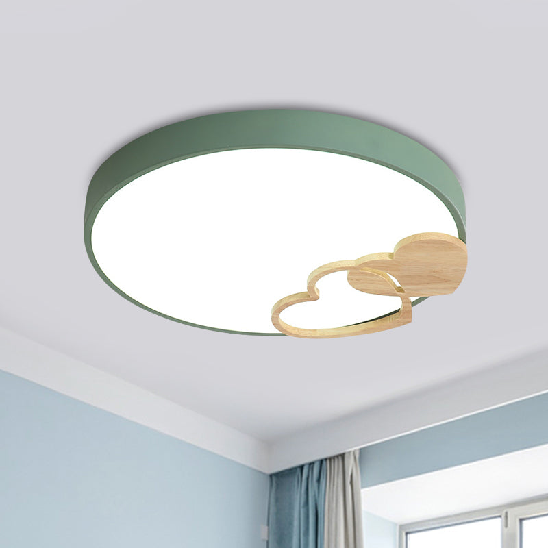 Modern Nordic Wood Heart Pattern Acrylic Flush Mount Ceiling Light in Green/White/Grey