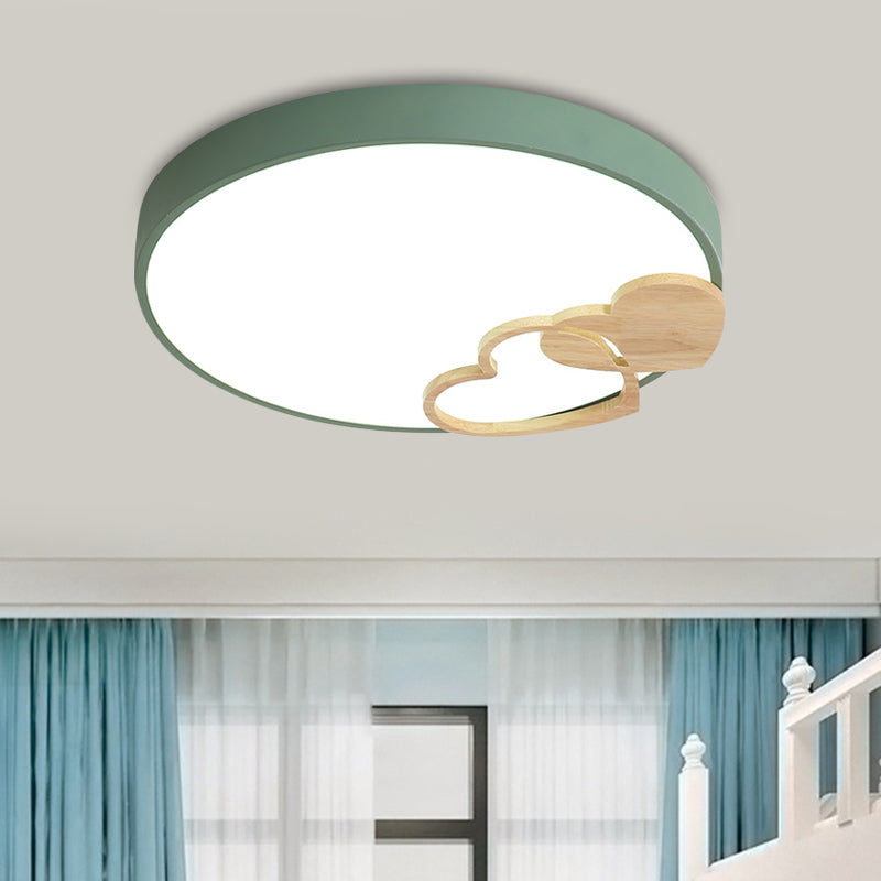 Modern Nordic Wood Heart Pattern Acrylic Flush Mount Ceiling Light in Green/White/Grey