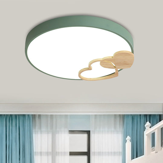 Modern Nordic Wood Heart Pattern Acrylic Flush Mount Ceiling Light In Green/White/Grey