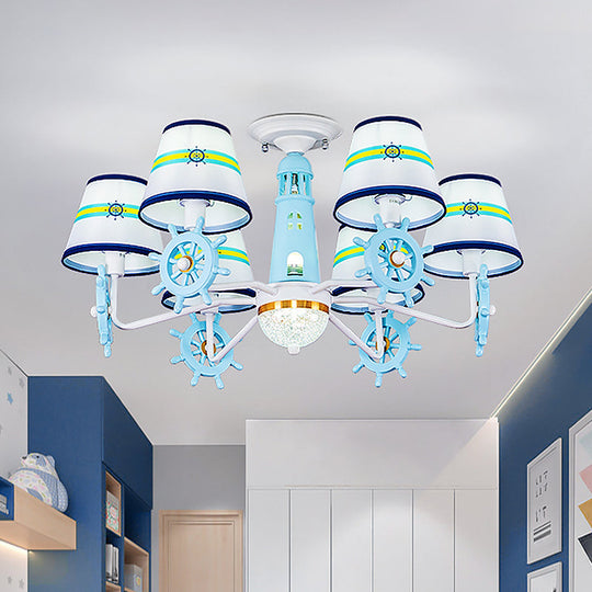 Blue Cone Shade Fabric Chandelier - Kids 6-Light Semi Flush Ceiling Mount With Playful Rudder