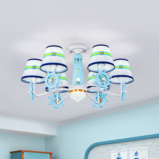 Blue Cone Shade Fabric Chandelier - Kids 6-Light Semi Flush Ceiling Mount With Playful Rudder