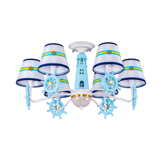 Blue Cone Shade Fabric Chandelier - Kids 6-Light Semi Flush Ceiling Mount With Playful Rudder