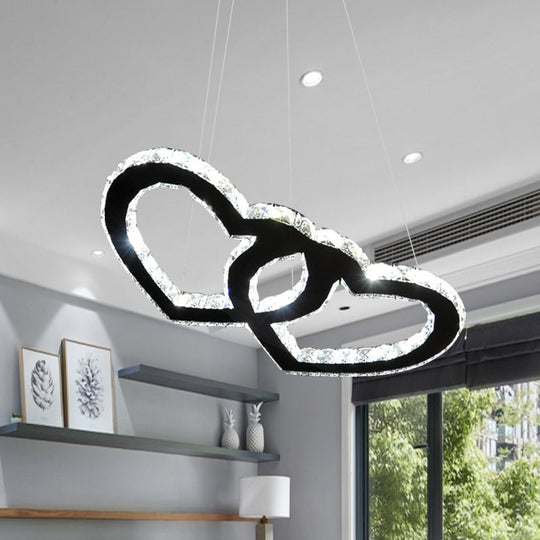 Modern Double Loving Heart LED Pendant Chandelier with Clear Crystal, Black Shade and Warm/White Light