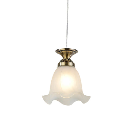 Vintage White Scalloped Glass Hanging Lamp With 1-Bulb Suspension Pendant - Copper/Bronze For Living