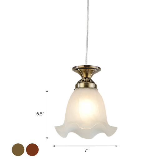 Vintage White Scalloped Glass Hanging Lamp With 1-Bulb Suspension Pendant - Copper/Bronze For Living