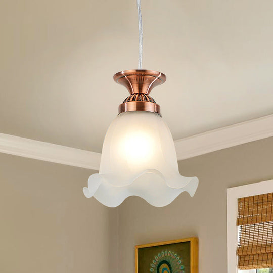 Vintage White Scalloped Glass Hanging Lamp With 1-Bulb Suspension Pendant - Copper/Bronze For Living