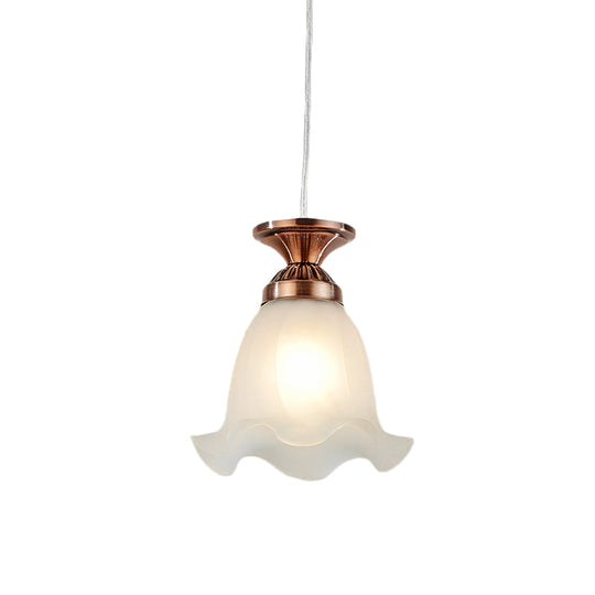 Vintage White Scalloped Glass Hanging Lamp With 1-Bulb Suspension Pendant - Copper/Bronze For Living