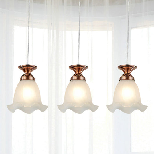 Opal Glass Hanging Ceiling Light - Scalloped Cluster Pendant With 3 Bulbs Traditional Copper/Bronze