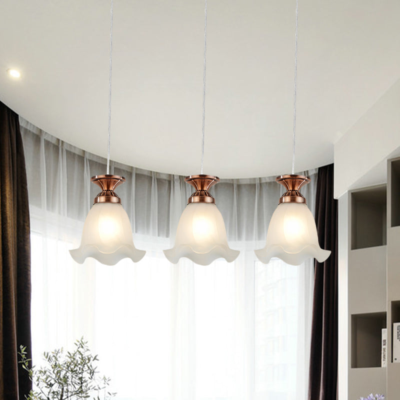 Opal Glass Hanging Ceiling Light - Scalloped Cluster Pendant With 3 Bulbs Traditional Copper/Bronze