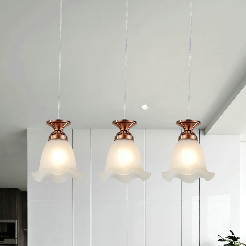 Opal Glass Hanging Ceiling Light - Scalloped Cluster Pendant With 3 Bulbs Traditional Copper/Bronze