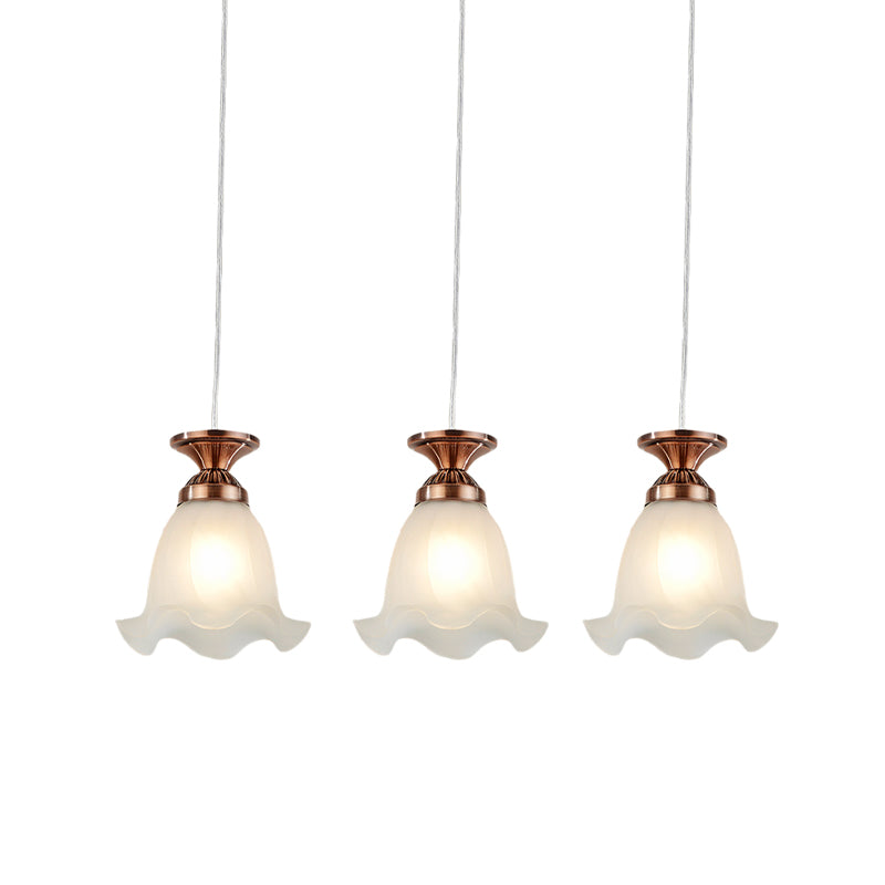 Opal Glass Hanging Ceiling Light - Scalloped Cluster Pendant With 3 Bulbs Traditional Copper/Bronze