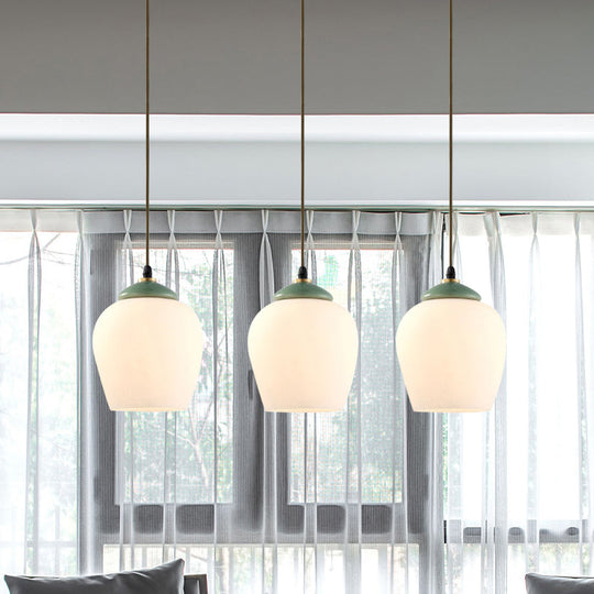 White Glass Cluster Pendant Lamp With Ceramic Top - Classic 3 Heads Suspension For Living Room