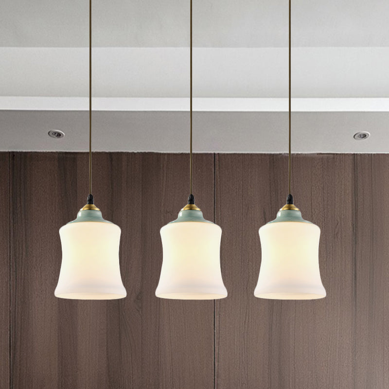 White Glass Cluster Pendant Lamp With Ceramic Top - Classic 3 Heads Suspension For Living Room