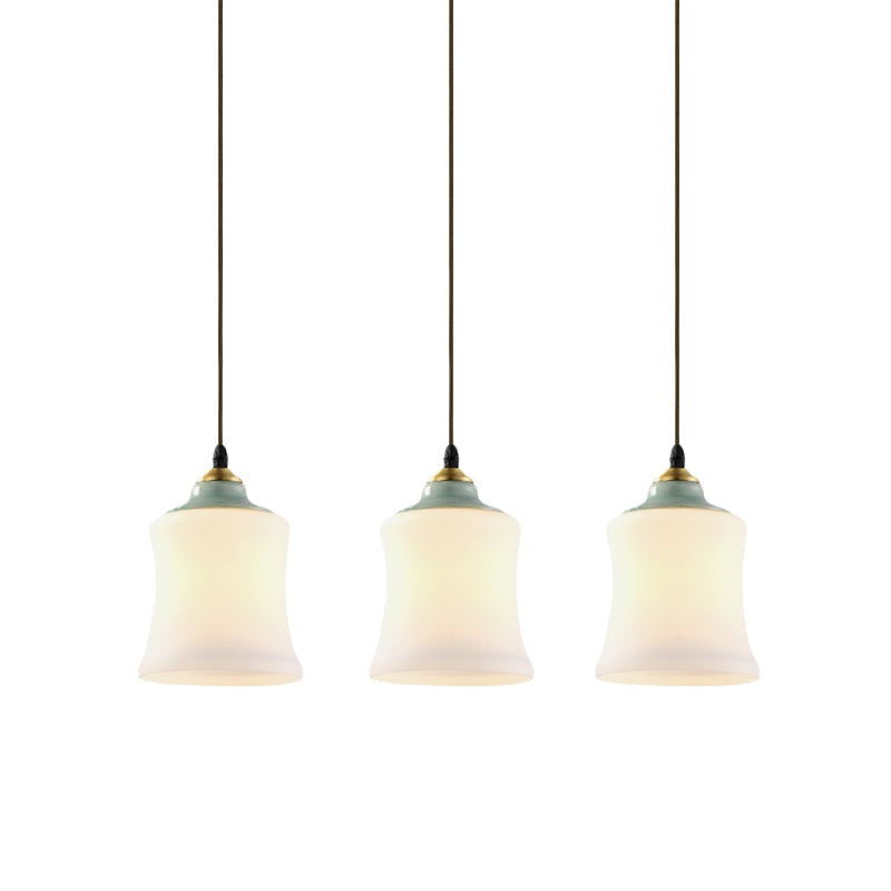 White Glass Cluster Pendant Lamp With Ceramic Top - Classic 3 Heads Suspension For Living Room