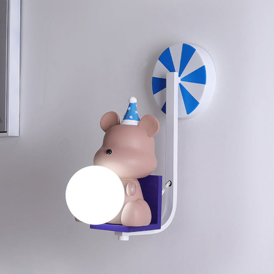 Adorable Birthday Bear Ball Wall Lamp - Cartoon Resin 1-Light Sconce Light Blue