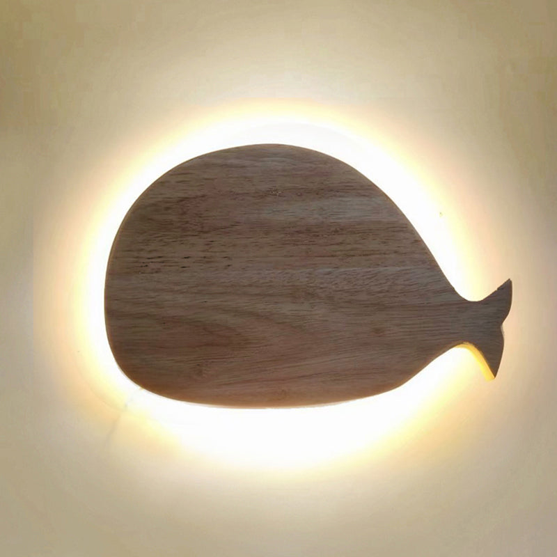 Whale Led Wall Sconce With Clock In Warm/White Light - Black/White/Beige Cartoon Wood Design