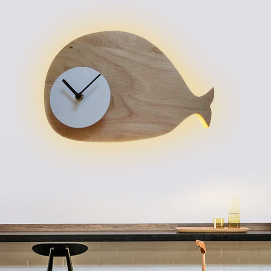 Whale Led Wall Sconce With Clock In Warm/White Light - Black/White/Beige Cartoon Wood Design / Warm