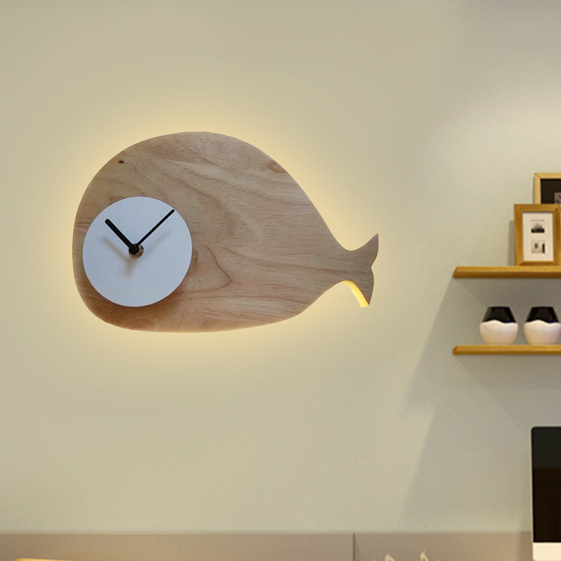 Whale Led Wall Sconce With Clock In Warm/White Light - Black/White/Beige Cartoon Wood Design