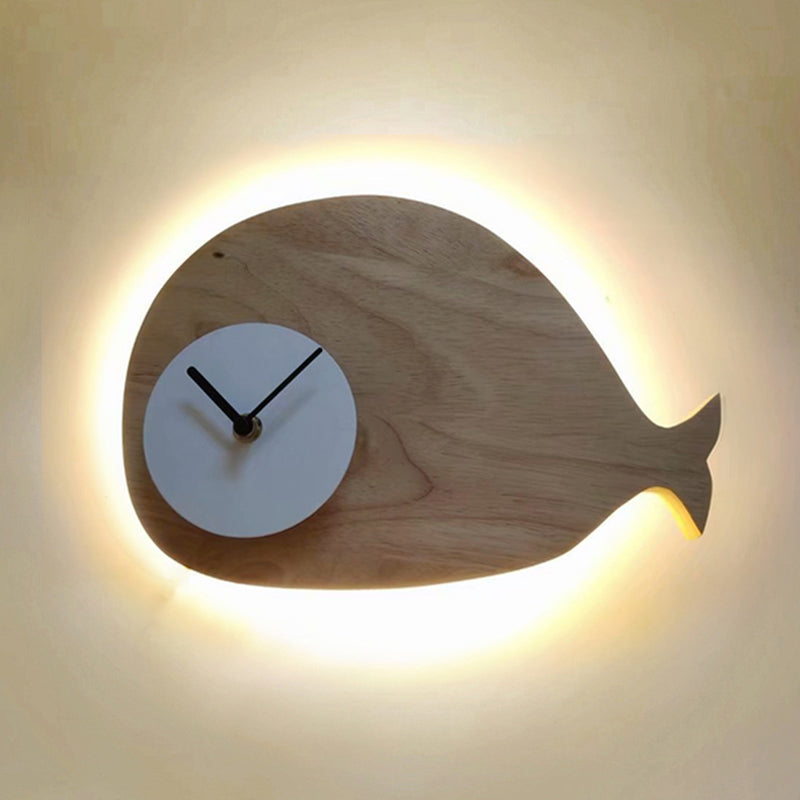 Whale Led Wall Sconce With Clock In Warm/White Light - Black/White/Beige Cartoon Wood Design