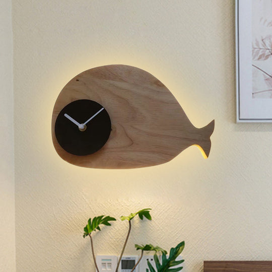 Whale Led Wall Sconce With Clock In Warm/White Light - Black/White/Beige Cartoon Wood Design