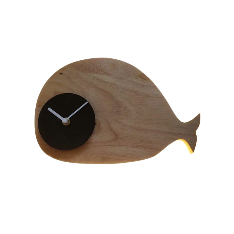 Whale Led Wall Sconce With Clock In Warm/White Light - Black/White/Beige Cartoon Wood Design