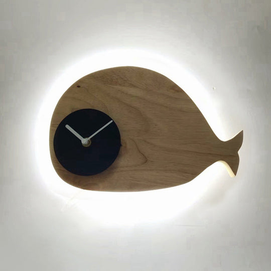 Whale Led Wall Sconce With Clock In Warm/White Light - Black/White/Beige Cartoon Wood Design