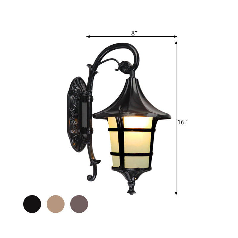 Curved Arm 1-Light Metal Sconce With White Glass Shade - Lodge Style Design In Black/Coffee/Bronze