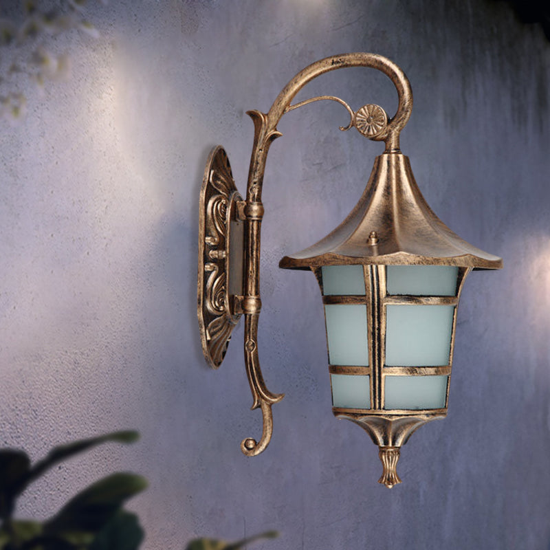 Curved Arm 1-Light Metal Sconce With White Glass Shade - Lodge Style Design In Black/Coffee/Bronze