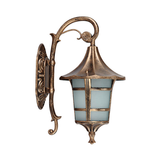 Curved Arm 1-Light Metal Sconce With White Glass Shade - Lodge Style Design In Black/Coffee/Bronze