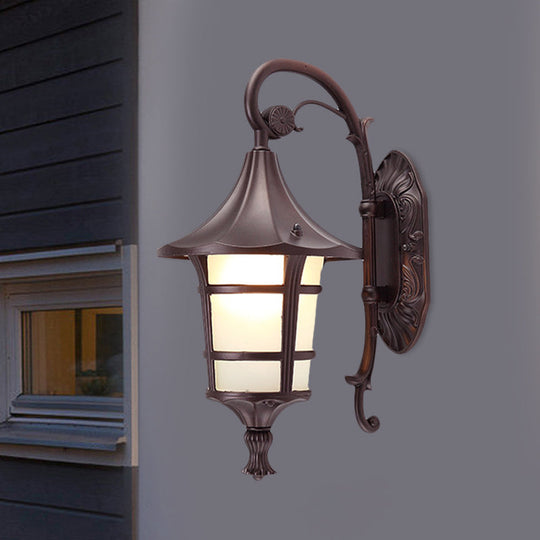 Curved Arm 1-Light Metal Sconce With White Glass Shade - Lodge Style Design In Black/Coffee/Bronze