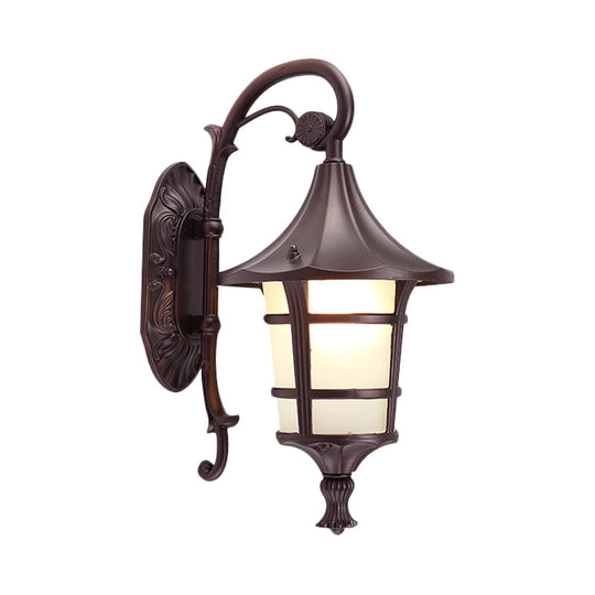 Curved Arm 1-Light Metal Sconce With White Glass Shade - Lodge Style Design In Black/Coffee/Bronze