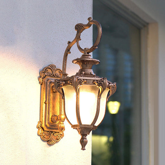 Rustic Scrolled Arm Wall Lighting - Black/Bronze Courtyard Lamp With Urn Frosted Glass Shade Bronze