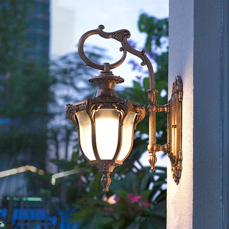 Rustic Scrolled Arm Wall Lighting - Black/Bronze Courtyard Lamp With Urn Frosted Glass Shade