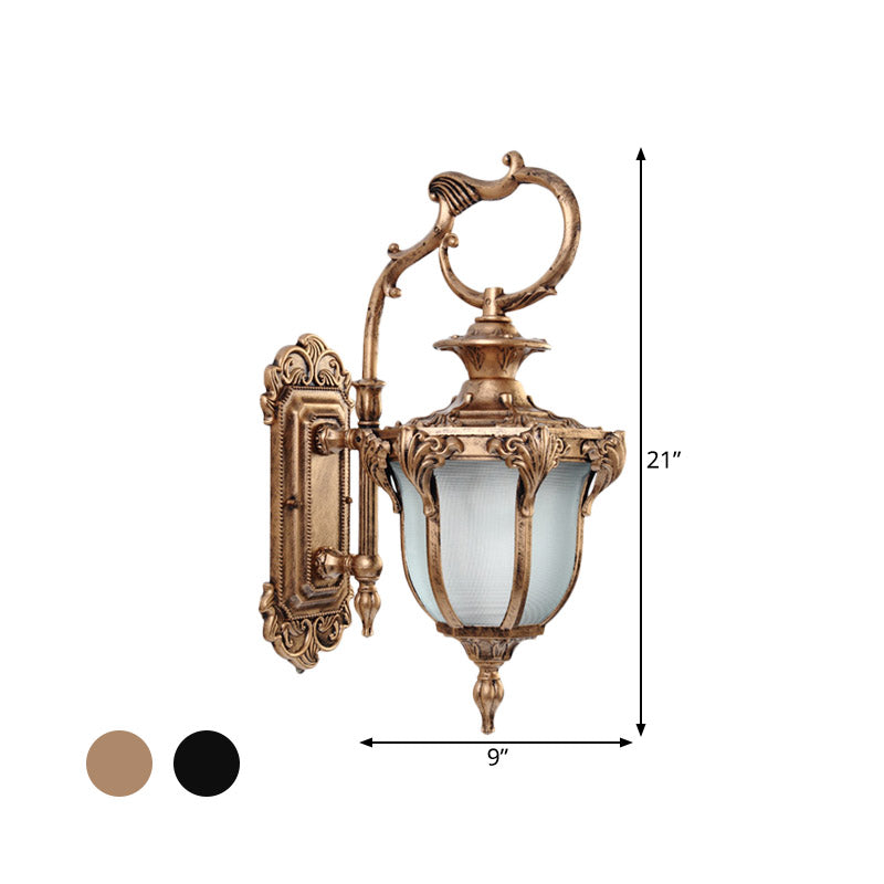 Rustic Scrolled Arm Wall Lighting - Black/Bronze Courtyard Lamp With Urn Frosted Glass Shade