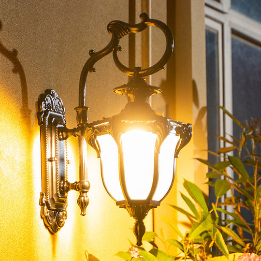 Rustic Scrolled Arm Wall Lighting - Black/Bronze Courtyard Lamp With Urn Frosted Glass Shade