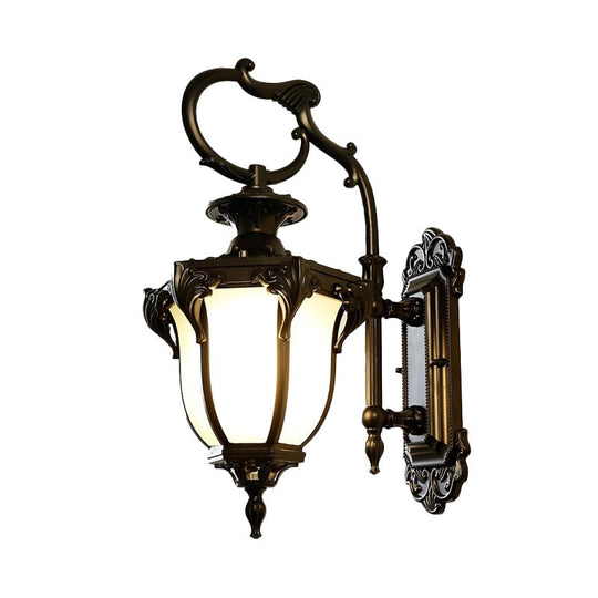 Rustic Scrolled Arm Wall Lighting - Black/Bronze Courtyard Lamp With Urn Frosted Glass Shade