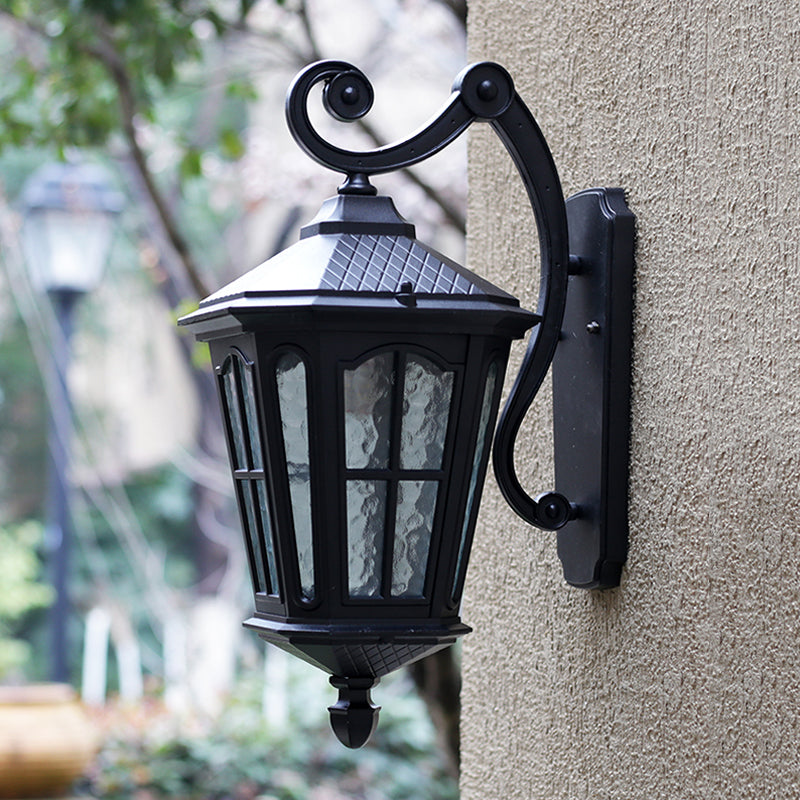 Black Outdoor Wall Mount Lantern Sconce With Clear Water Glass Shade - 1-Head Country Style Lamp / B