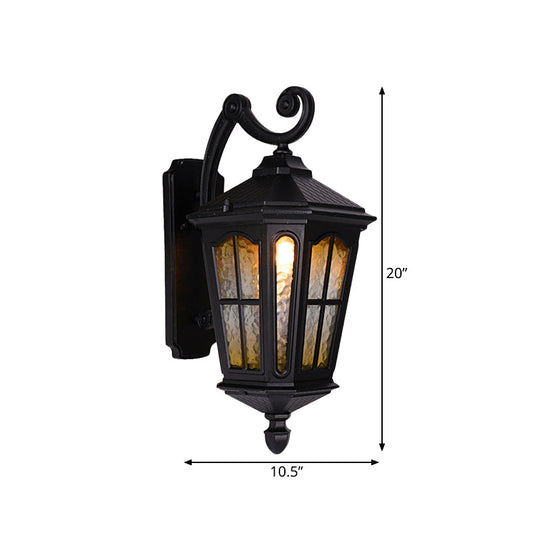 Black Outdoor Wall Mount Lantern Sconce With Clear Water Glass Shade - 1-Head Country Style Lamp