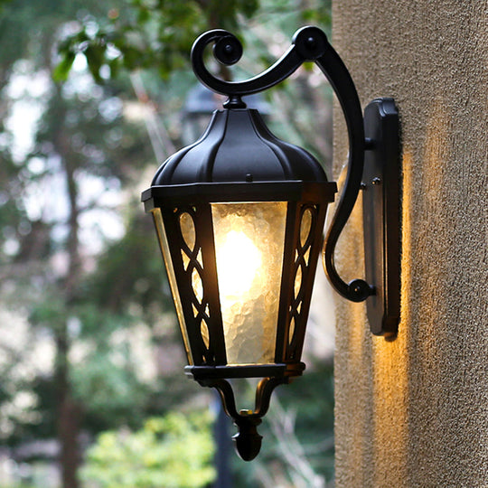 Black Outdoor Wall Mount Lantern Sconce With Clear Water Glass Shade - 1-Head Country Style Lamp / A