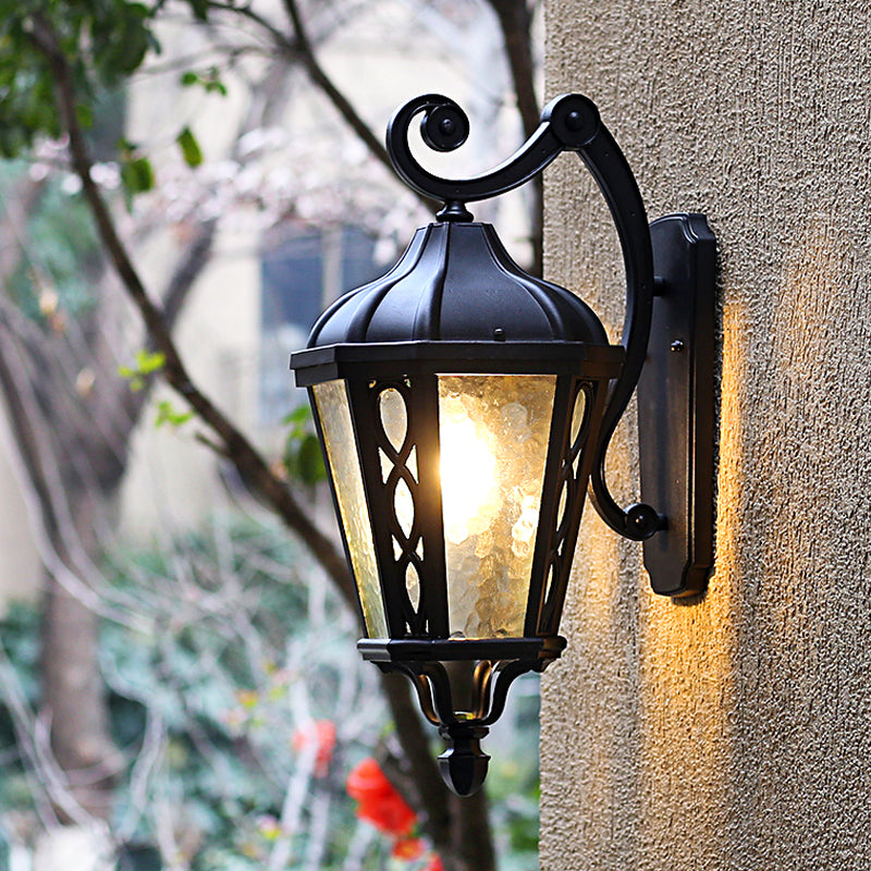 Black Outdoor Wall Mount Lantern Sconce With Clear Water Glass Shade - 1-Head Country Style Lamp