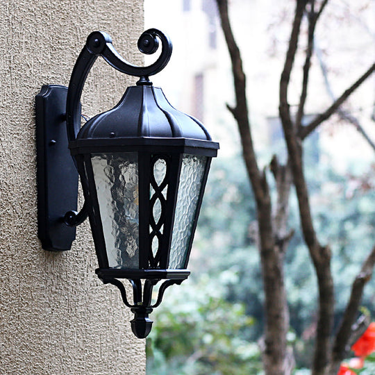 Black Outdoor Wall Mount Lantern Sconce With Clear Water Glass Shade - 1-Head Country Style Lamp