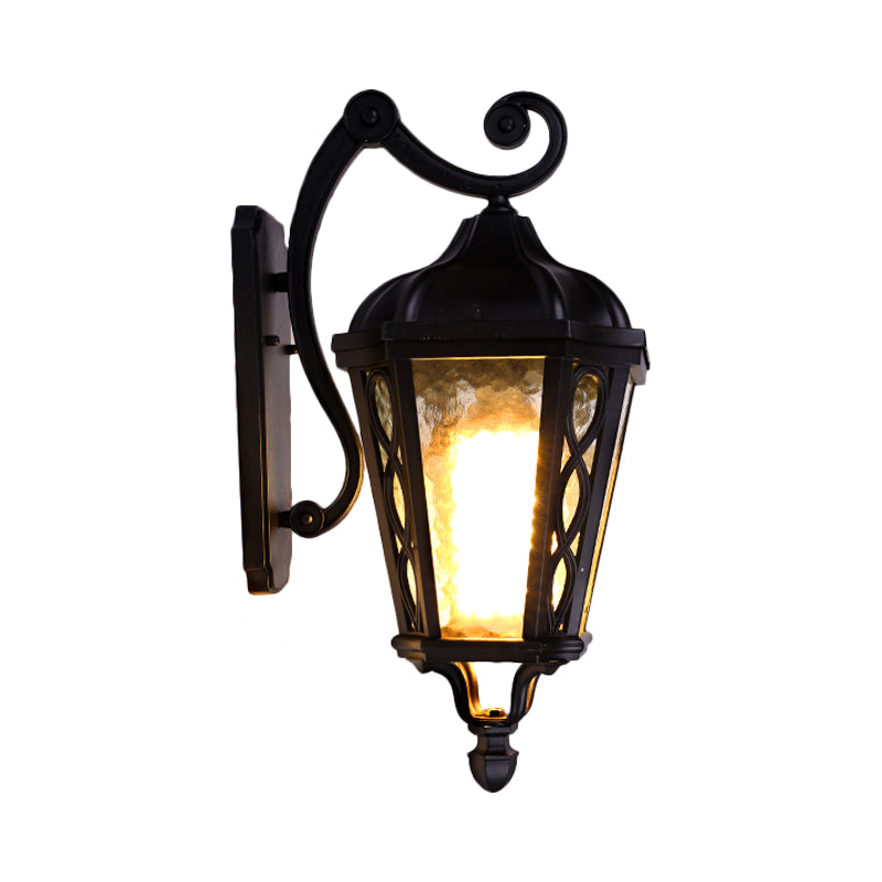 Black Outdoor Wall Mount Lantern Sconce With Clear Water Glass Shade - 1-Head Country Style Lamp