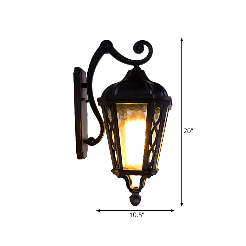 Black Outdoor Wall Mount Lantern Sconce With Clear Water Glass Shade - 1-Head Country Style Lamp