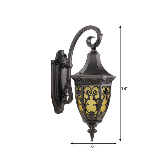 Classic 1-Light Outdoor Wall Hanging Light In Black With Metal Curving Design And Urn Yellow Glass