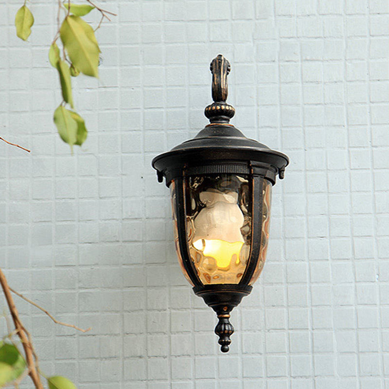 Farmhouse Clear Dimple Glass Wall Lamp - 1 Light Courtyard Lighting In Black With Curved Arm